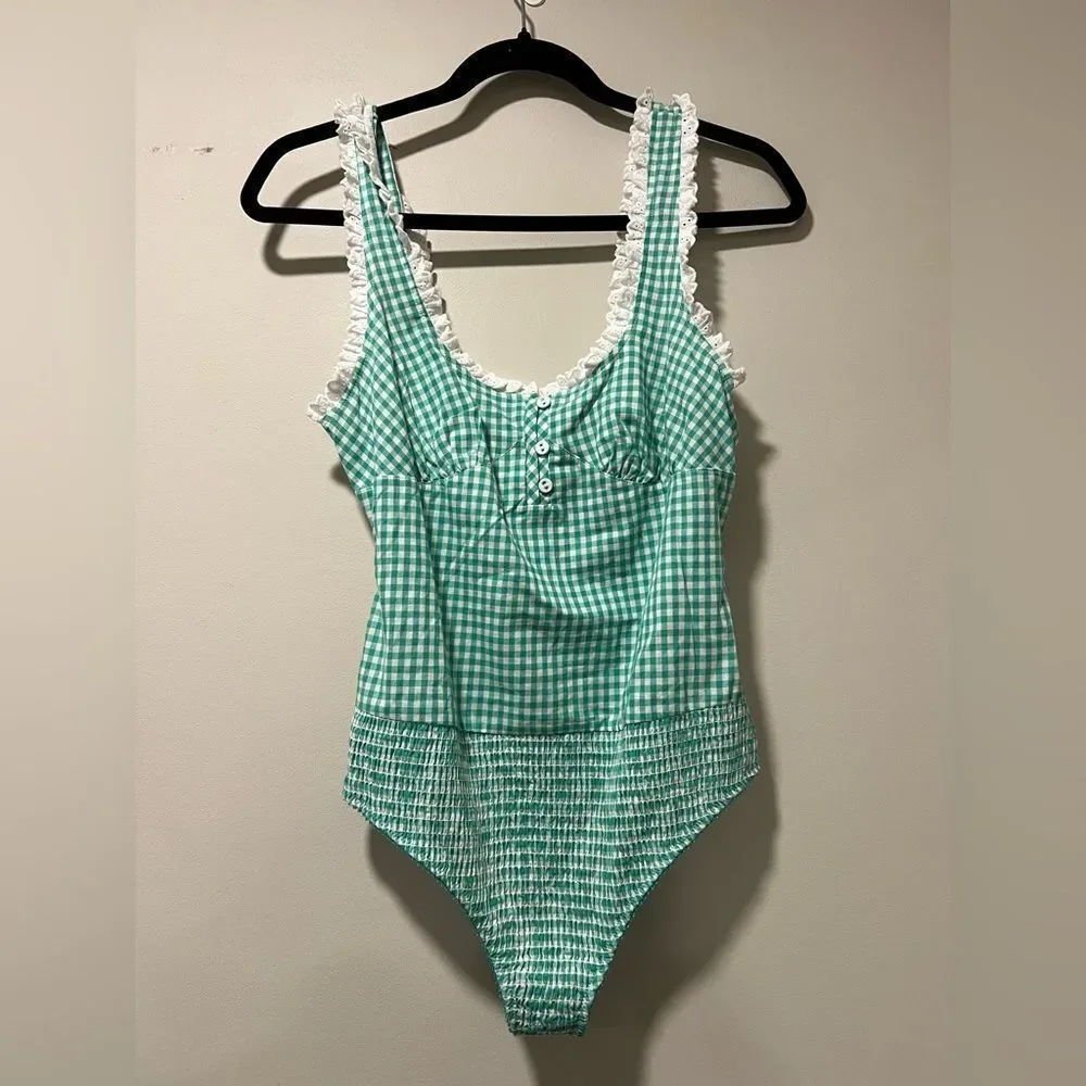 Free People Green Gingham Lace Bodysuit